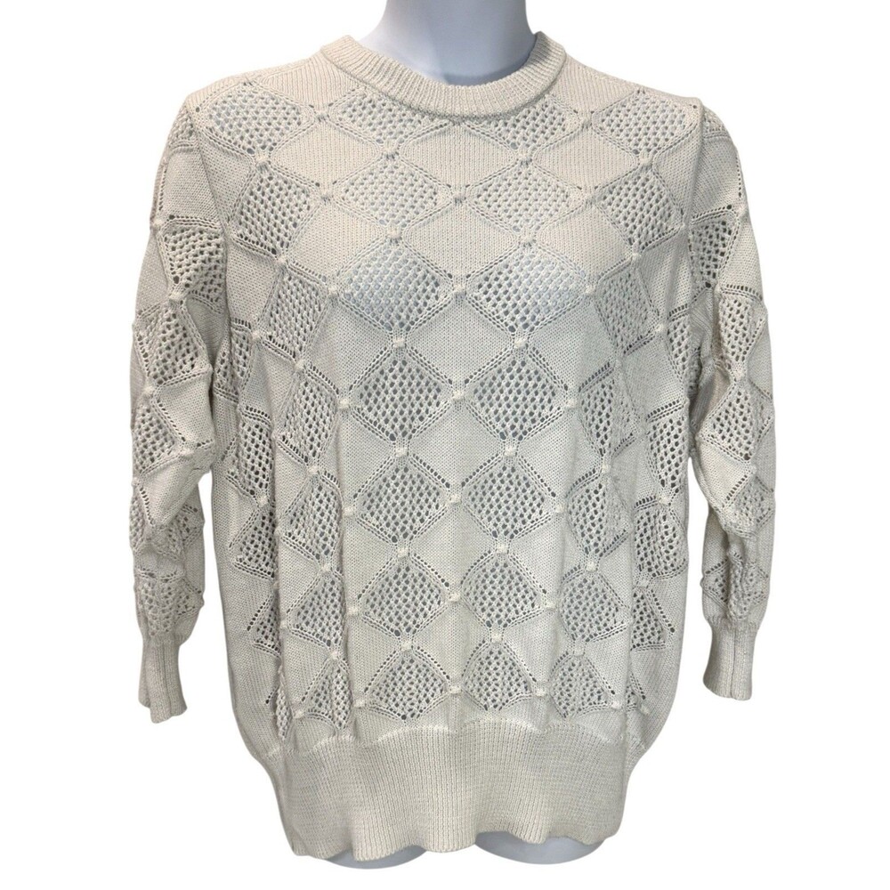 Women’s Plus Size 2X Ivory White Open Knit Crew Neck Sweater Novelty Stitch